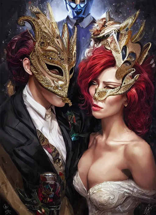 Image similar to a beautiful couple, a man and a woman, wearing elaborate masquerade masks and matching clothing, looking at each other with an alluring expression. painting by artgerm and greg rutkowski and magali villanueve