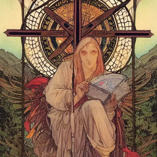 Image similar to a spiritual cross on top of a holy mountain, Mucha, Moebius, Mohrbacher