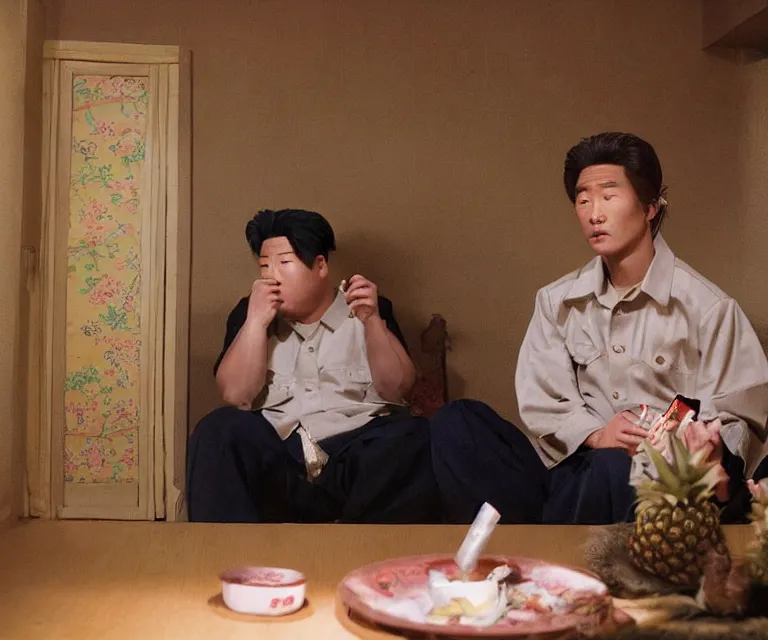 Image similar to hyperralism pineapple express movie still photography of real detailed north korean kim chen with detailed face smoking weed in basement bedroom photography by araki nobuyoshi