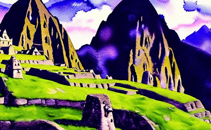 Image similar to a realistic and atmospheric watercolor from howl's moving castle ( 2 0 0 4 ) of a witch meditating in machu pichu. very dull muted colors, hd, 4 k, hq