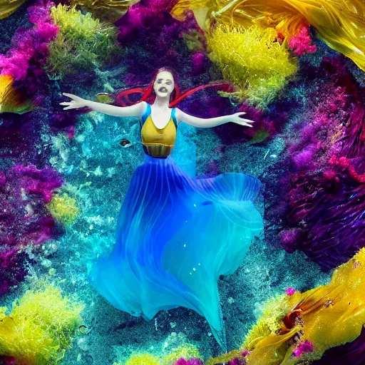 Image similar to beautiful realistic woman dancing underwater wearing a flowing dress made of blue, magenta, and yellow seaweed, delicate coral sea bottom, swirling silver fish, swirling smoke shapes, octane render, caustics lighting from above, cinematic