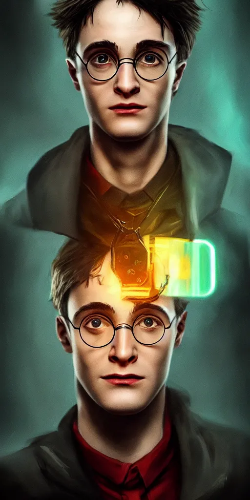 Image similar to Portrait of a harry potter with cyberpunk implant, elegant, photorealistic, highly detailed, artstation, smooth, sharp focus, gold ornaments, neon lighting, sci-fi, art by Klimt