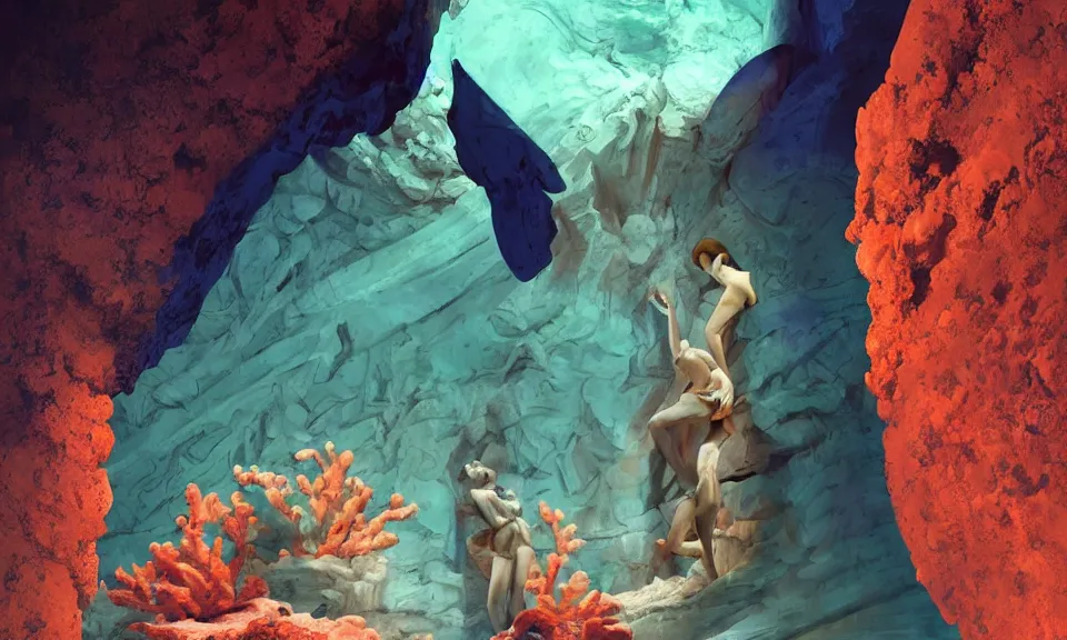 Prompt: digital painting of tiny people walking at the base of a massive greek sculpture a beautiful massive female statue surrounded by massive dreamy coral on the surface of the moon, by syd mead and jack kirby, color scheme, eric chahi, arik roper, concept art