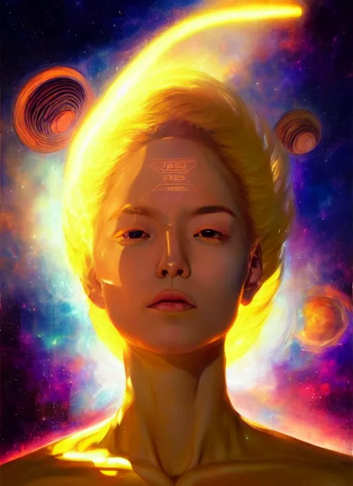 Prompt: a golden woman 2/3 figurative anime portrait, in space, transcending to a higher plane in the multiverse, lazer light beaming down to top of her head, james gurney, Noah Bradley, Maciej Kuciara