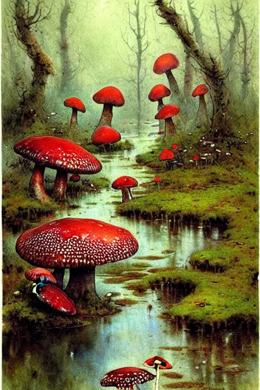 Prompt: hand rendered ( ( ( ( ( dreamland 1 9 5 0 s retro future spooky swamp of giant mushrooms, moss and flowers, stream with bridge. muted colors. ) ) ) ) ) by jean baptiste monge!!!!!!!!!!!!!!!!!!!!!!!!! chrome red