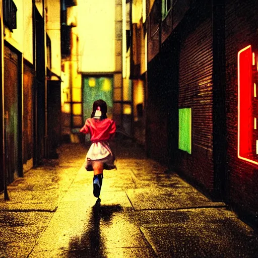 Prompt: 1990s perfect 8K HD professional cinematic photo of close-up japanese schoolgirl running in dystopian alleyway with neon signs, at evening during rain, at instagram, Behance, Adobe Lightroom, with instagram filters, depth of field, taken with polaroid kodak portra