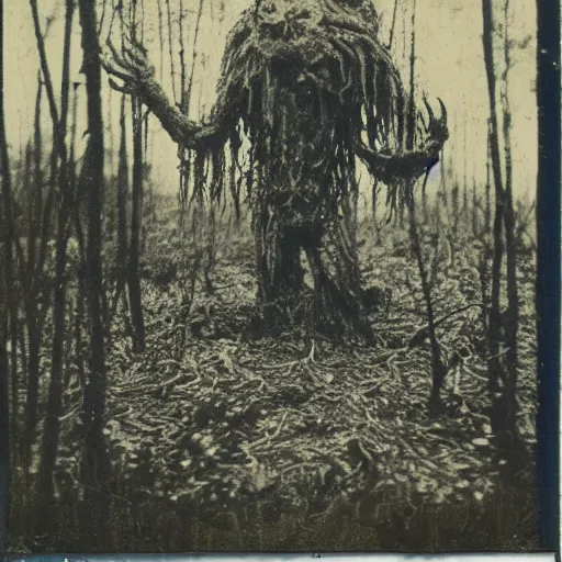 Image similar to creepy lovecraftian monster in swamp, 1910 Polaroid photo