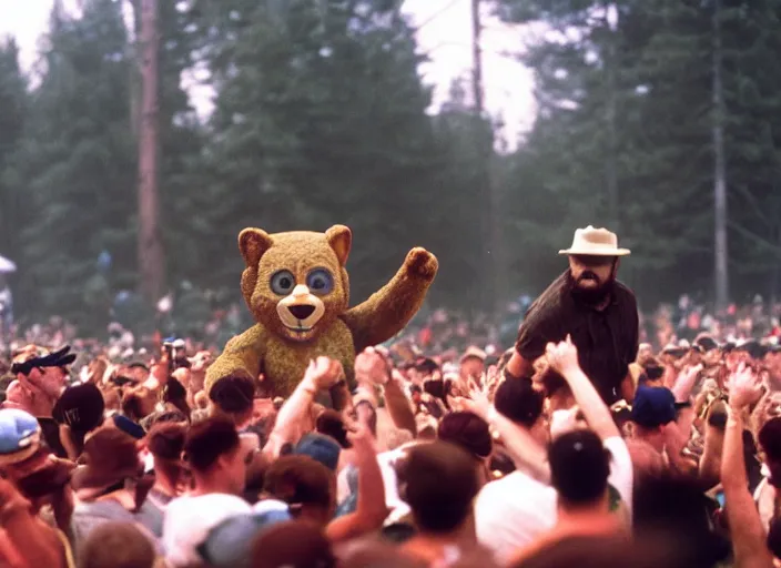 Image similar to photo still of smokey the bear amd fred durst on stage at woodstock 9 9!!!!!!!! at age 3 3 years old 3 3 years of age!!!!!!!! crowd surfing, 8 k, 8 5 mm f 1. 8, studio lighting, rim light, right side key light