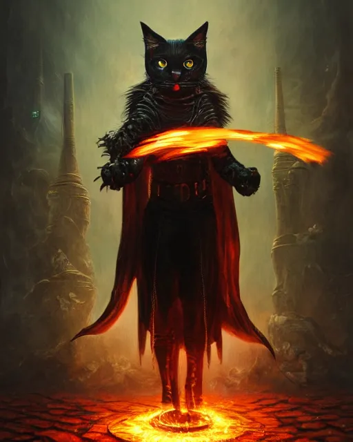 Prompt: oil painting of Anthropomorphized dark Cat Magician casting fire magic spell, evil, glowing eyes, sharp focus, fantasy style, octane render, volumetric lighting, 8k high definition, by greg rutkowski, highly detailed, trending on art Station, magic the gathering artwork, very dark steampunk city backround, centered