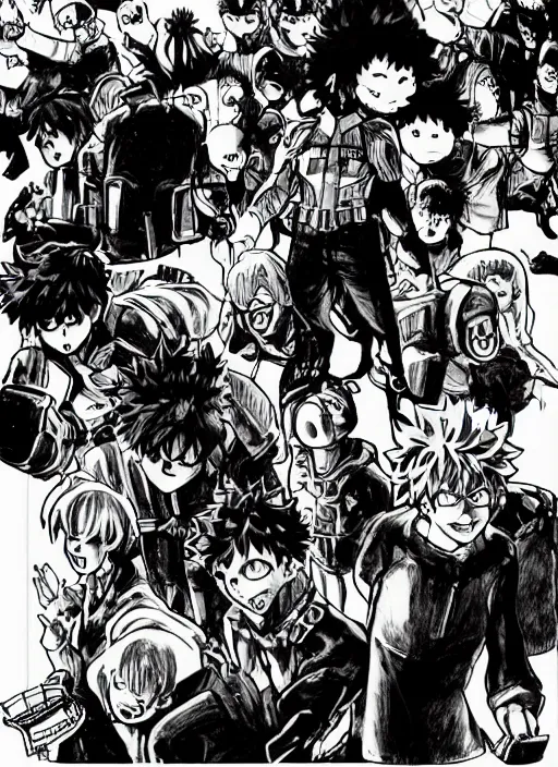 Image similar to My Hero Academia manga page showing the end of the series, dark colors, sinister atmosphere, dramatic lighting, cinematic, establishing shot, extremely high detail, photo realistic, cinematic lighting, pen and ink, intricate line drawings, by Kohei Horikoshi, post processed, concept art, artstation, matte painting