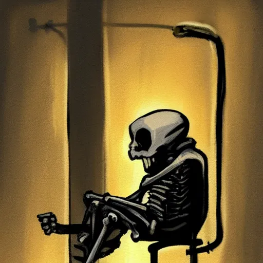 Prompt: a skeleton in a hoodie sitting on the street smoking a cigarette at night, painting artstation dark style