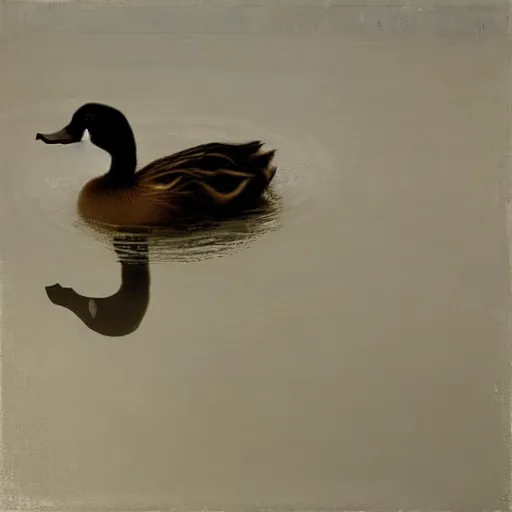 Prompt: a duck on the prowl oil painting elina brotherus