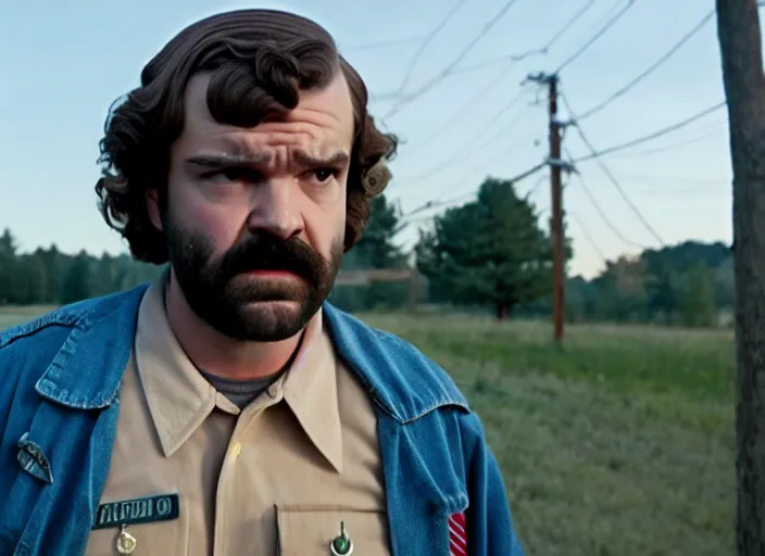 Image similar to film still of jim hopper as mike wheeler in stranger things, 8 k