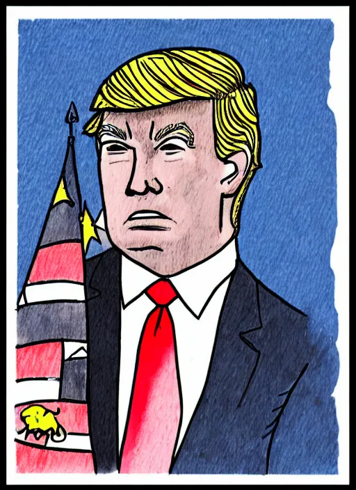 Image similar to a bill waterson color drawing of trump, high detail