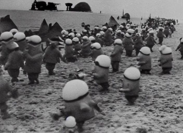 Prompt: despicable me minions storming the beaches of Normandy on d-day, world war 2 old photo, grainy