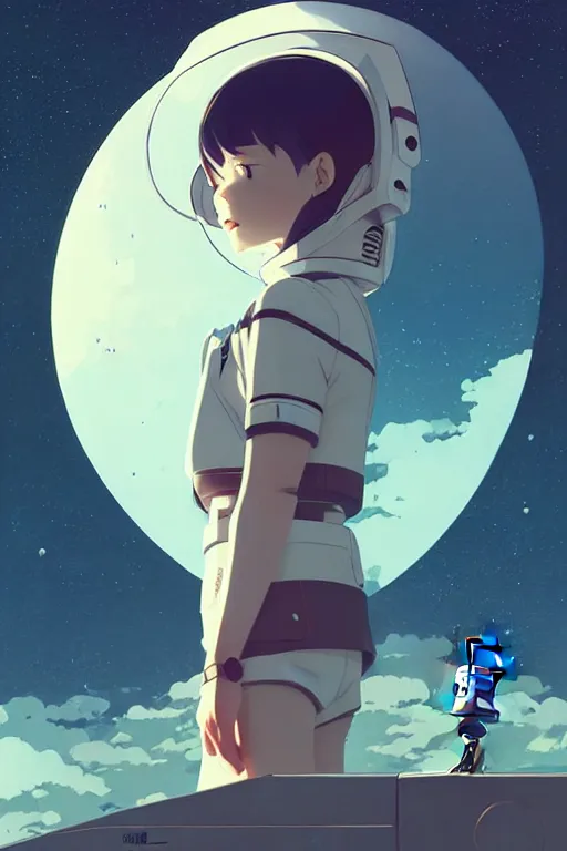 Image similar to portrait of a girl with astronaut helmets by ilya kuvshinov, a big medieval mech, cloudy sky background lush landscape ln illustration concept art anime key visual trending pixiv by victo ngai fanbox by greg rutkowski makoto shinkai takashi takeuchi studio ghibli