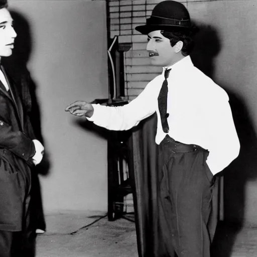 Image similar to george lopez meeting charlie chaplin, photography,