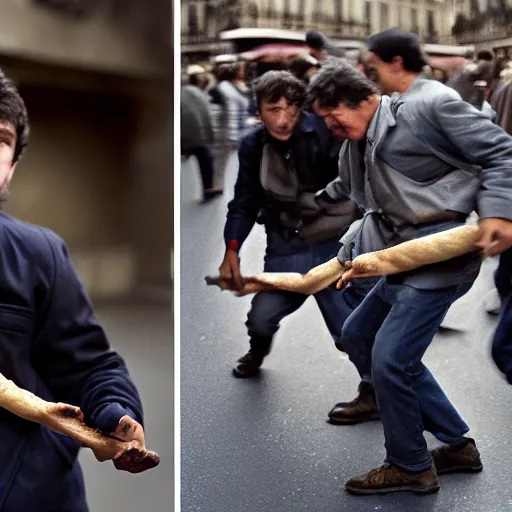 Image similar to closeup portrait of people fighting baguettes in a paris street, by Steve McCurry and David Lazar, natural light, detailed face, CANON Eos C300, ƒ1.8, 35mm, 8K, medium-format print