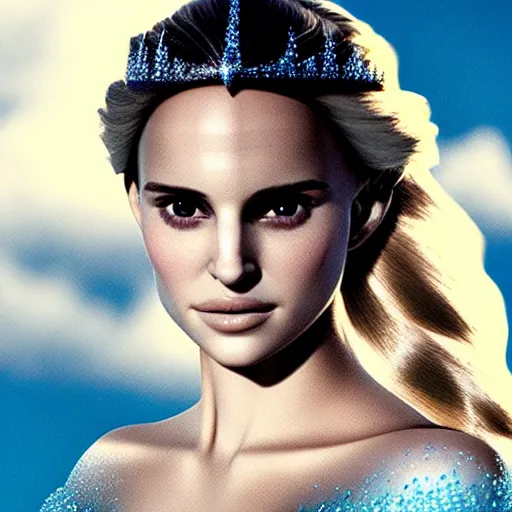 Image similar to princess elsa played by a young natalie portman with smooth skin and light blue eyes, ethereal, mystic, medium shot, detailed eyes, vivid, golden hour