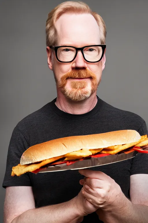 Image similar to 📷 portrait of adam savage with a sandwich head, food head, still image, high resolution, 4 k