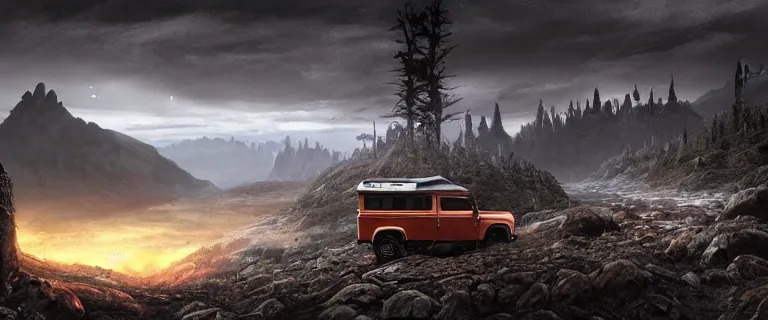 Image similar to Land Rover Defender 110 (1985), an epic fantasy, dramatic lighting, cinematic, establishing shot, extremely high detail, photorealistic, cinematic lighting, artstation, by simon stalenhag, The Elder Scrolls V: Skyrim, Whiterun Hold, Whiterun, Dragonsreach in the background, at day