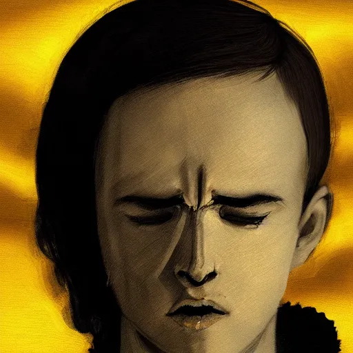 Image similar to Close up of a young, thin and stern catholic priest fervently praying as he is about to die from the ominous Lovecraftian yellow shadow descending upon him from the night sky. The yellow shadow feels very oppressive and terrifying. Low angle, dramatic lighting. Award-winning digital art, trending on ArtStation