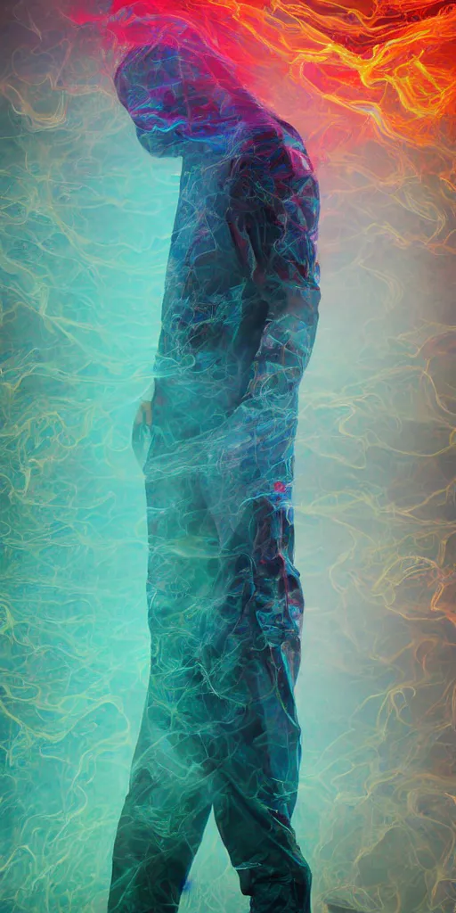 Image similar to faceless man in a multicolored metallic suit, hidden behind torn cloth swirling violently, abstract cloth simulation, tattered fabric, rags, ragged, ephemeral, gradients, hyperdetailed, hyper realistic, Cozy, soft light, caustic, atmospheric fog, Octane Render, cinematic