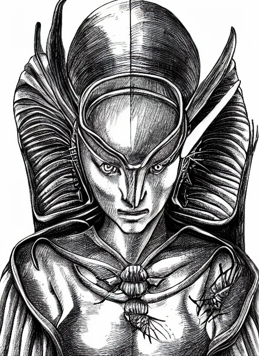 Image similar to line art pencil drawing of medieval half insect half woman chimera, very exaggerated fisheye perspective, art by shinichi sakamoto and kentaro miura