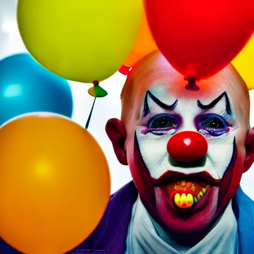 Image similar to creepy clown with colourful marbles and balloons, realistic, 8k, high quality, sharp