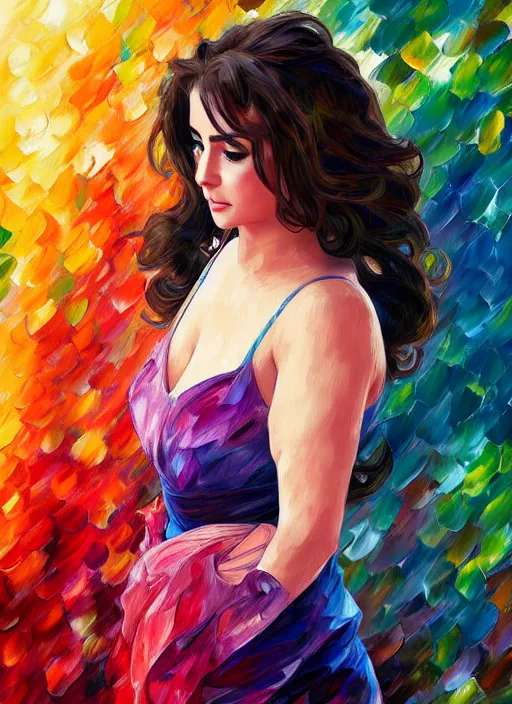 Image similar to elizabeth taylor detailed clothing, half body shot, arms down, path traced, highly detailed, high quality, digital painting, alena aenami, leonid afremov, lilia alvarado, shinji aramaki, karol bak, alphonse mucha, tom bagshaw