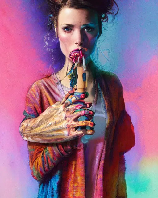 Image similar to portrait of a brunette in tie - dye, smoking a vintage tobacco pipe | highly detailed | very intricate | symmetrical | professional model | cinematic lighting | award - winning | painted by mandy jurgens and jesper elsing and rhads and tyler edlin | pan futurism, dystopian, bold colors, cyberpunk, anime aesthestic | featured on artstation