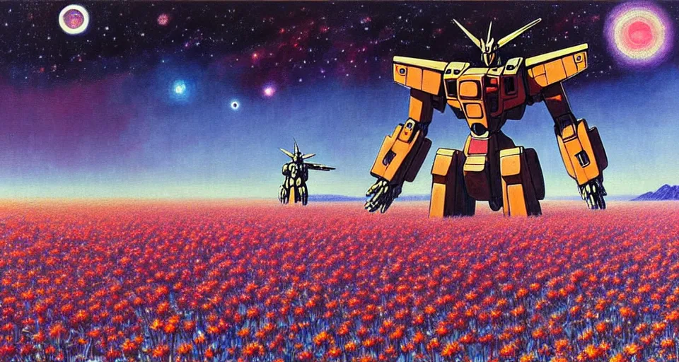 Image similar to a beautiful painting of a large mechanical mecha gundam in a field of flowers by moebius, underneath a star filled night sky, harold newton, zdzislaw beksinski, donato giancola, warm coloured, gigantic pillars and flowers, maschinen krieger, beeple, star trek, star wars, ilm, atmospheric perspective