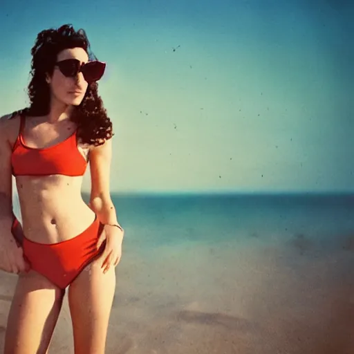Image similar to “A beautiful woman at the beach in lifeguard attire, dreamcore aesthetic, taken with a Pentax K1000, Expired Burned Film from 1930s, Softbox Lighting, 85mm Lens”