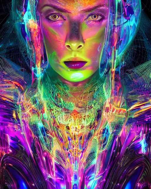 Image similar to a powerful energy psychedelic woman, by alexander fedosav, hyper detailed digital matte painting, concept art, hyperrealism, 1 6 k resolution, cinema 4 d, 8 k resolution, trending on artstation, behance hd, a masterpiece, by stephan martiniere, particles, cel - shaded, power bright neon energy, by david a. hardy,