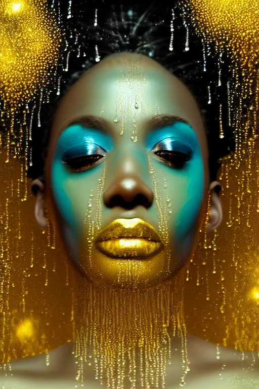 Image similar to hyperrealistic postrococo cinematic very expressive! black oshun goddess, in water up to her shoulders, mirror dripping droplets!, gold flowers, highly detailed face, digital art masterpiece, smooth eric zener cam de leon dramatic pearlescent volumetric teal light, high angle uhd 8 k, sharp focus