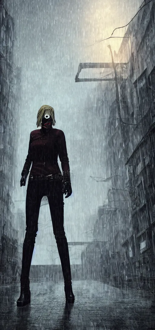 Image similar to annie leonhart in dunwall city wearing corvo attano's mask using blink, redshift render, cinematic lighting, rainy weather, melancholy atmosphere, dunwall city, volumetric light, octane render, dishonored game, dishonored 1, gothic architecture, realistic reflections, octane render 8 k, air shot