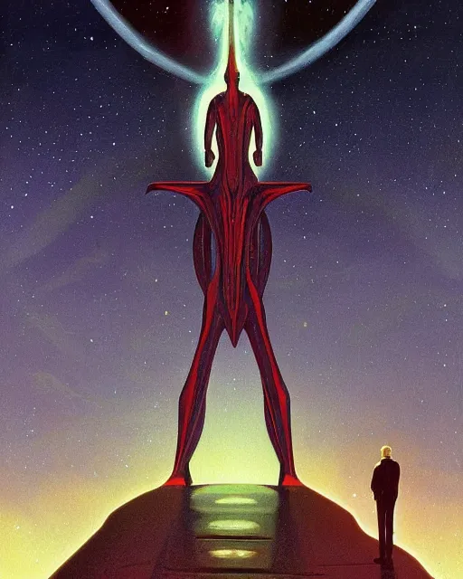 Prompt: a painting of a man standing in front of a giant alien, poster art vincent di fate and jack gaughan and dan mumford, cgsociety, space art, lovecraftian, cosmic horror, poster art