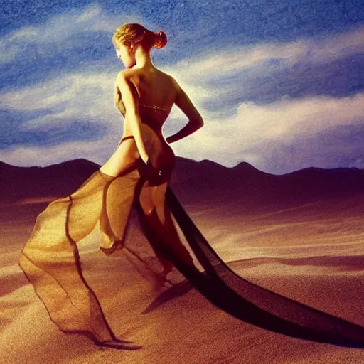 Image similar to filmstill, over the shoulder sketch photography of beautiful female body covered with swirling black translucent blanket blowing in wind, acrylic liquid colors, luxurious supermodel photoshooting, golden jewelry, bokeh, godrays, strong wind, wrinkles, sunrays, sunset, lens flares, monet, renoir, cold colors, concept art, sand dunes, sand dust, melting victorian statue