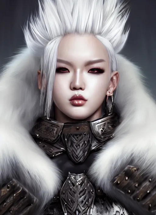 Prompt: ! dream barbarian, jackson wang, fierce, big muscles, fur leather armor!!! beautiful and elegant white hair female!! gorgeous ayes!! character concept art, sharp focus, octane render! unreal engine 5! highly rendered!! trending on artstation!! detailed linework!! illustration by artgerm, wlop, and chie yoshii