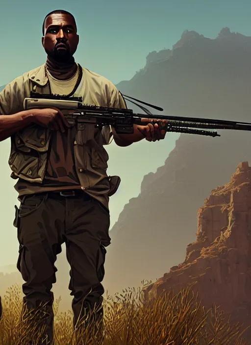 Image similar to highly detailed portrait kanye west holding rifle in gta v stephen bliss unreal engine fantasy art by greg rutkowski loish rhads ferdinand knab makoto shinkai lois van baarle ilya kuvshinov rossdraws tom bagshaw global illumination radiant light detailed intricate environment