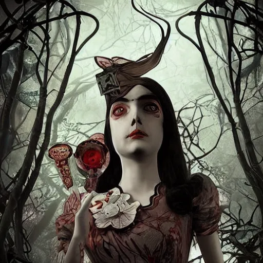 Prompt: realistic artnouveau style american mcgee's alice madness returns layers of fear style in a foggy twisted forestsharp focus very detailed 8 k cinematic