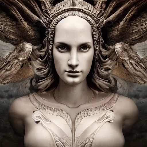 Prompt: A digital masterpiece illustration concept art of giant porcelain statue of Paige Spiranac as a greek goddess its top in the heaven, beautiful eyes, symmetrical face, symmetrical body, taiga landscape + inspired art by mark brooks, peter kemp + Extremely detailed and intricate complexity + epic composition, magical atmosphere, cinematic lighting + wide long shot, wide angle + trending on artstation + 8k