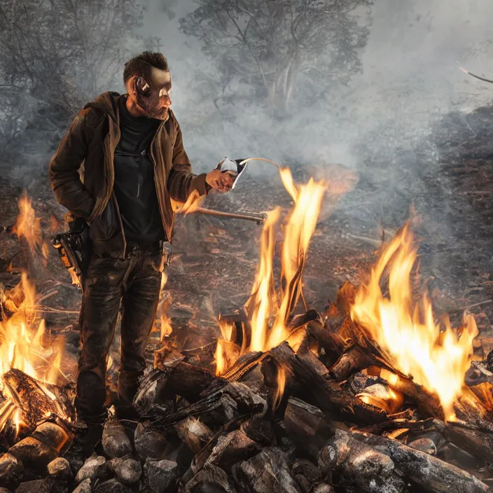 Prompt: gritty apocalyptic man smirking holding gas can next to a campfire, octane render, 4 k ultra hd, hyper - detailed, seedy lighting, sharp focus, fantasy dark art