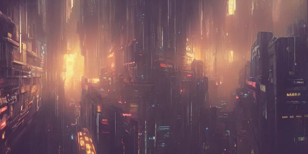 Image similar to a painting of a cinematic keyframe of a cyberpunk dystopian city, blade runner like designed by ian hubertz seen from above, cenital shot, by greg rutkowski, rule of thirds, golden ratio, ambient lighting, wlop, artgerm, artstation, highly detailed masterpiece, dark fantasy art, high detail, trending on artstation