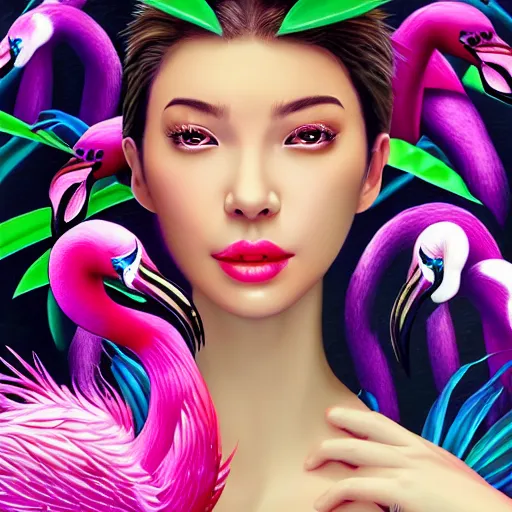 Image similar to photo realistic depiction of a beautiful woman face surrounded by giant black orchids and colorful flamingos style by stanley lau, hyper realistic