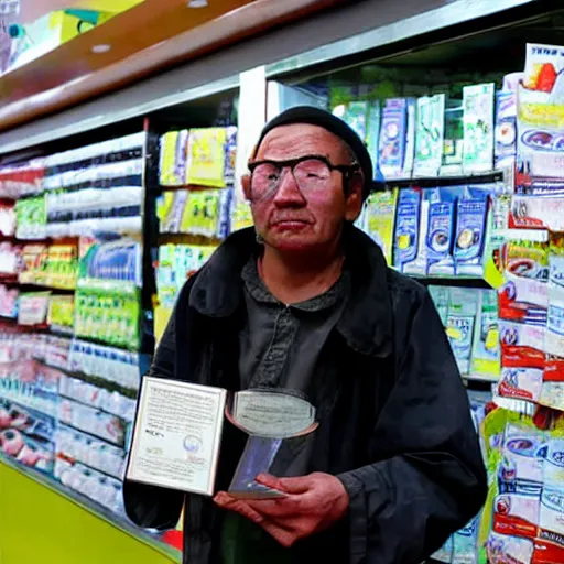 Prompt: award winning photo, blind man selling coupons