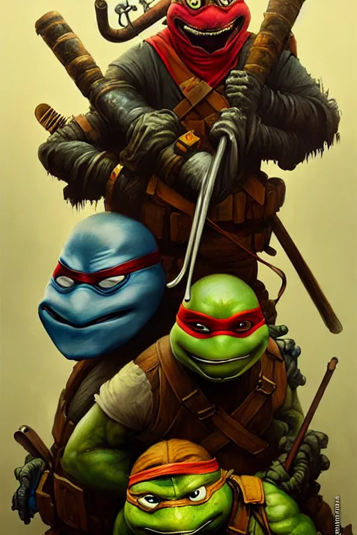 Image similar to hieronymus bosch, greg rutkowski, anna podedworna, painting of teenage mutant ninja turtles casey jones