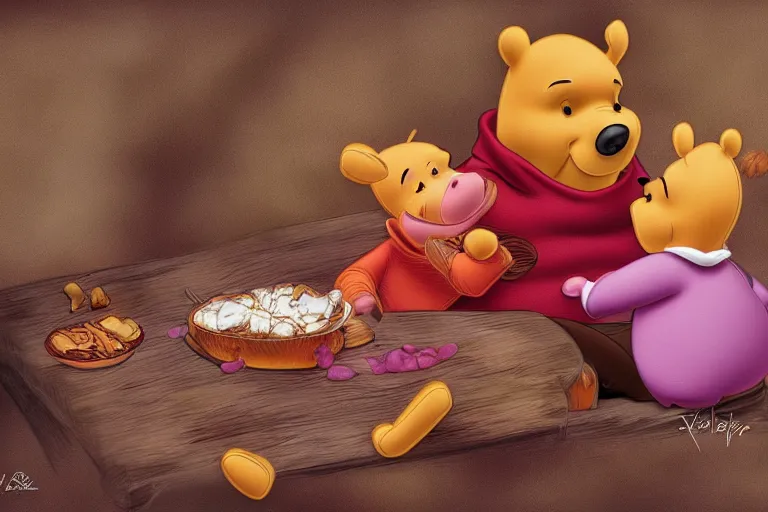 Image similar to winnie the pooh and piglet eating spare ribs, digital art, high detail, hyper realistic,