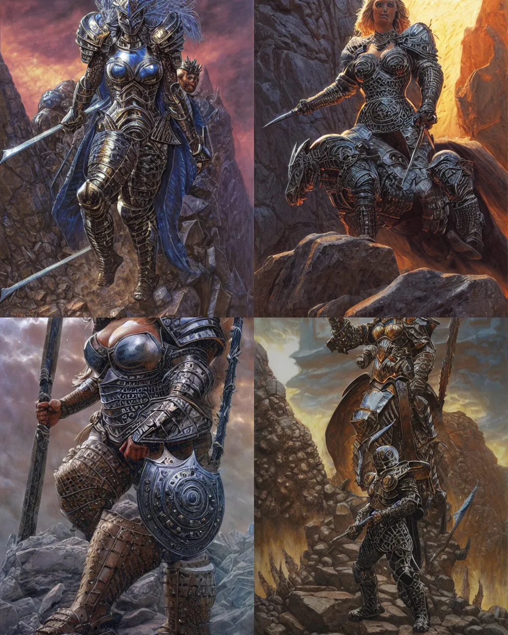 Prompt: a large powerful woman wearing armor made of stone, granite, heavy looking, powerful scene, imposing presence, by jeff easley and donato giancola, hyperdetailed, realistic, sharp focus, soft lighting, intricate