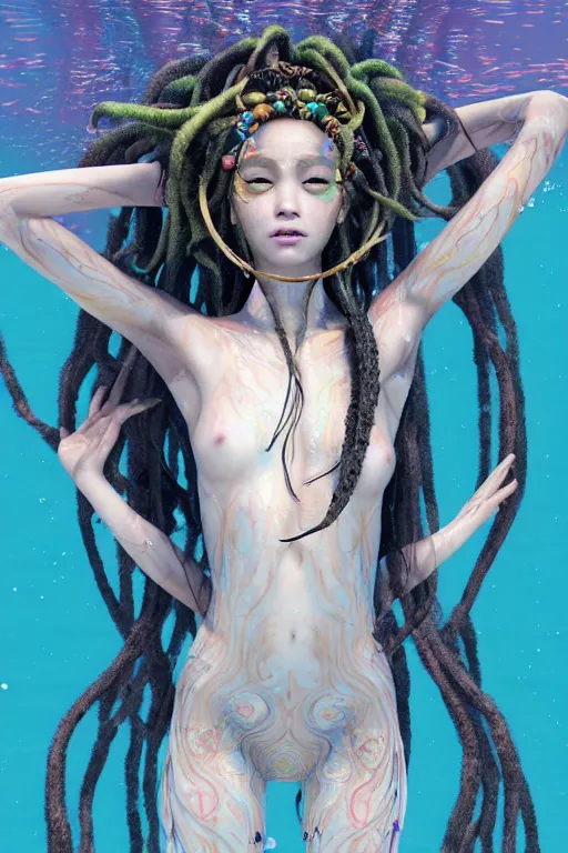 Prompt: a centered full body render of a dancing festival hippy with long flowing dreadlocks surrounded by a underwater ink pour and flowing liquid gallium and sacred geometry, perfect body and face, gorgeous, cinematic, beautifully lit, by miho hirano, by karol bak, by donato giancola, 3 d, trending on artstation, octane render, 8 k